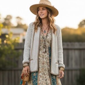 Country Girl Cream Tan Textured Knit Cardigan Jacket Tweed Cottagecore Neutral